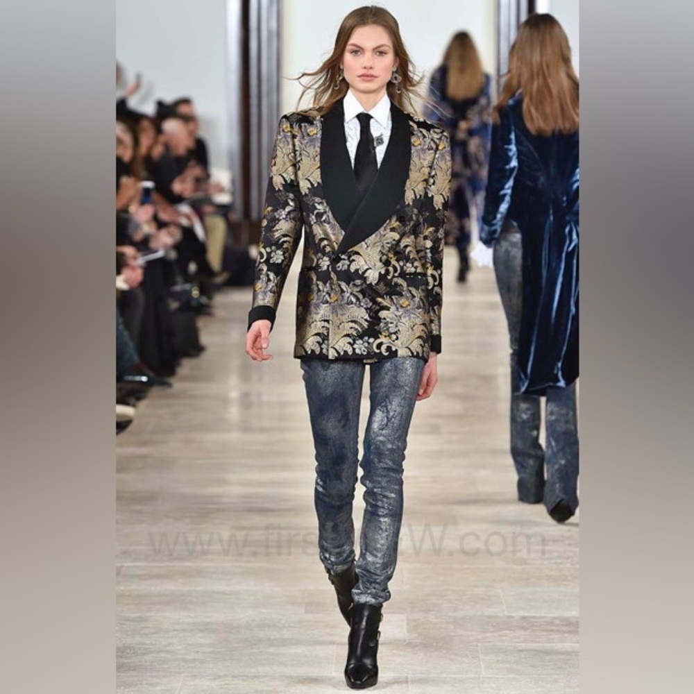 Ralph Lauren Collection Fall 2016 Silver Foil Embossed Skinny Matchstick Jeans